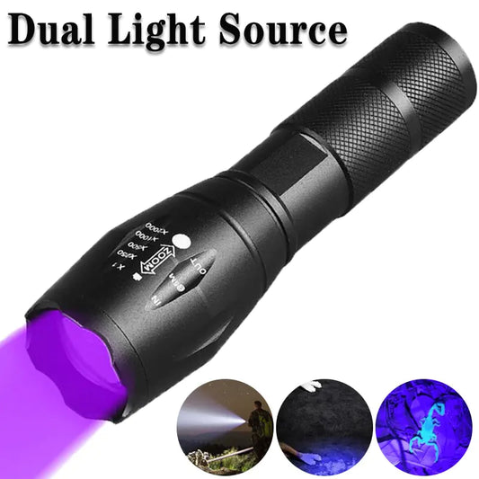 Purple White Dual Light Flashlight LED Ultraviolet Torch Zoom Retractable